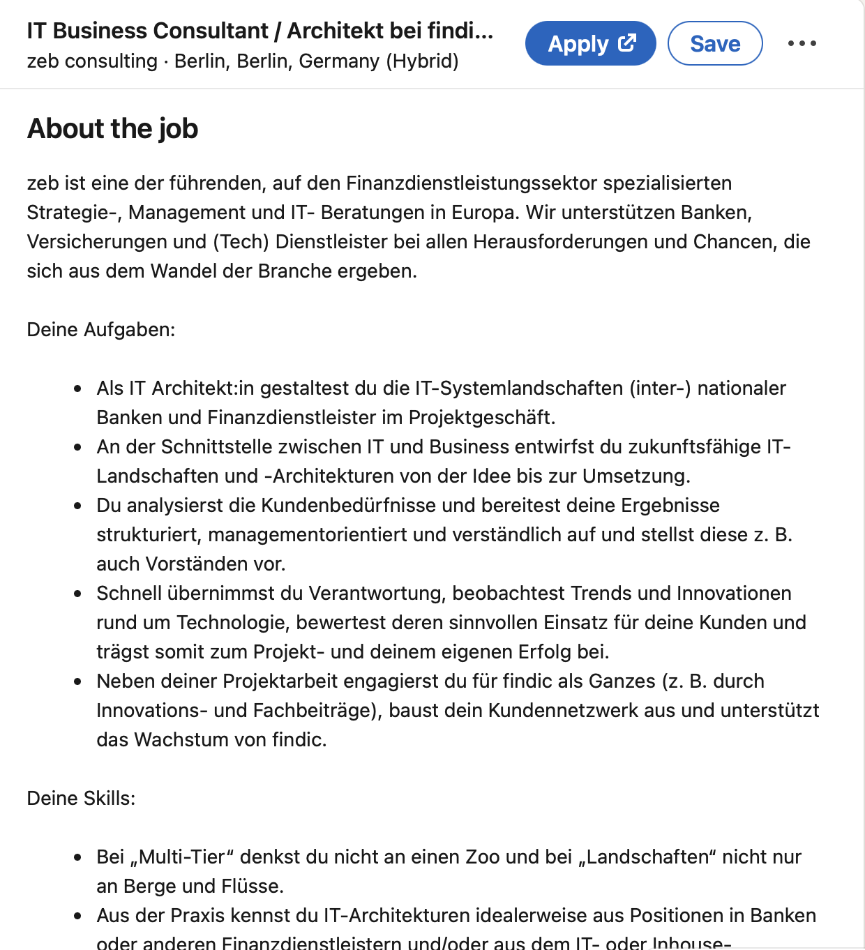 LinkedIn Stellenanzeige — IT Business Consultant / Architekt bei zeb consulting, Berlin